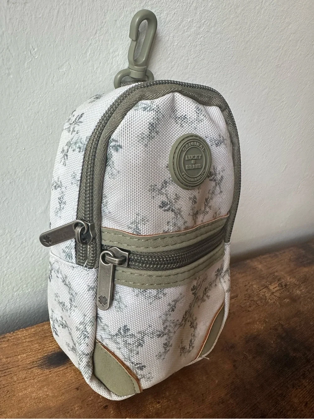 Lucky Brand Green Floral Mini Backpack Pouch Bag Charm Keychain Olive Trim NWOT